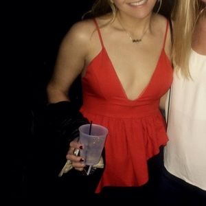 Red Plunging top with ruffle detail size S